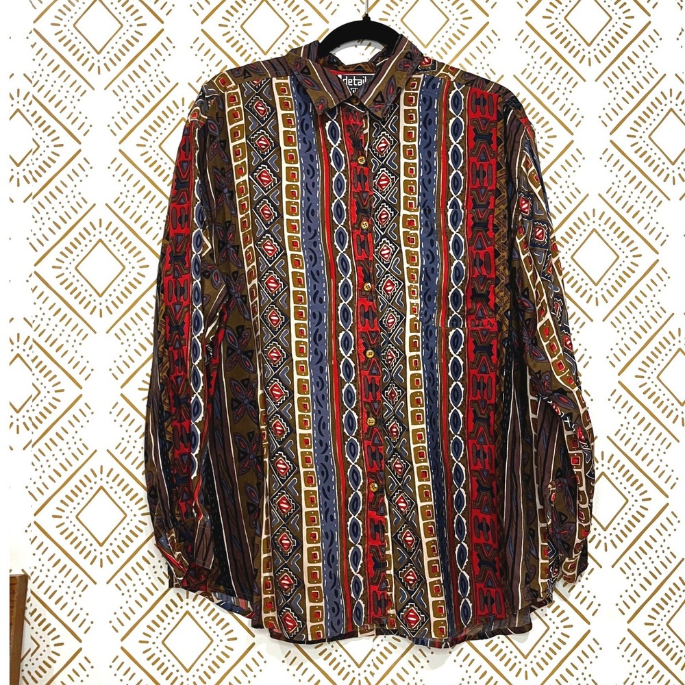 Vintage 90s 100% Silk Button Down Shirt Geometric Tribal Retro Indie Street Deco